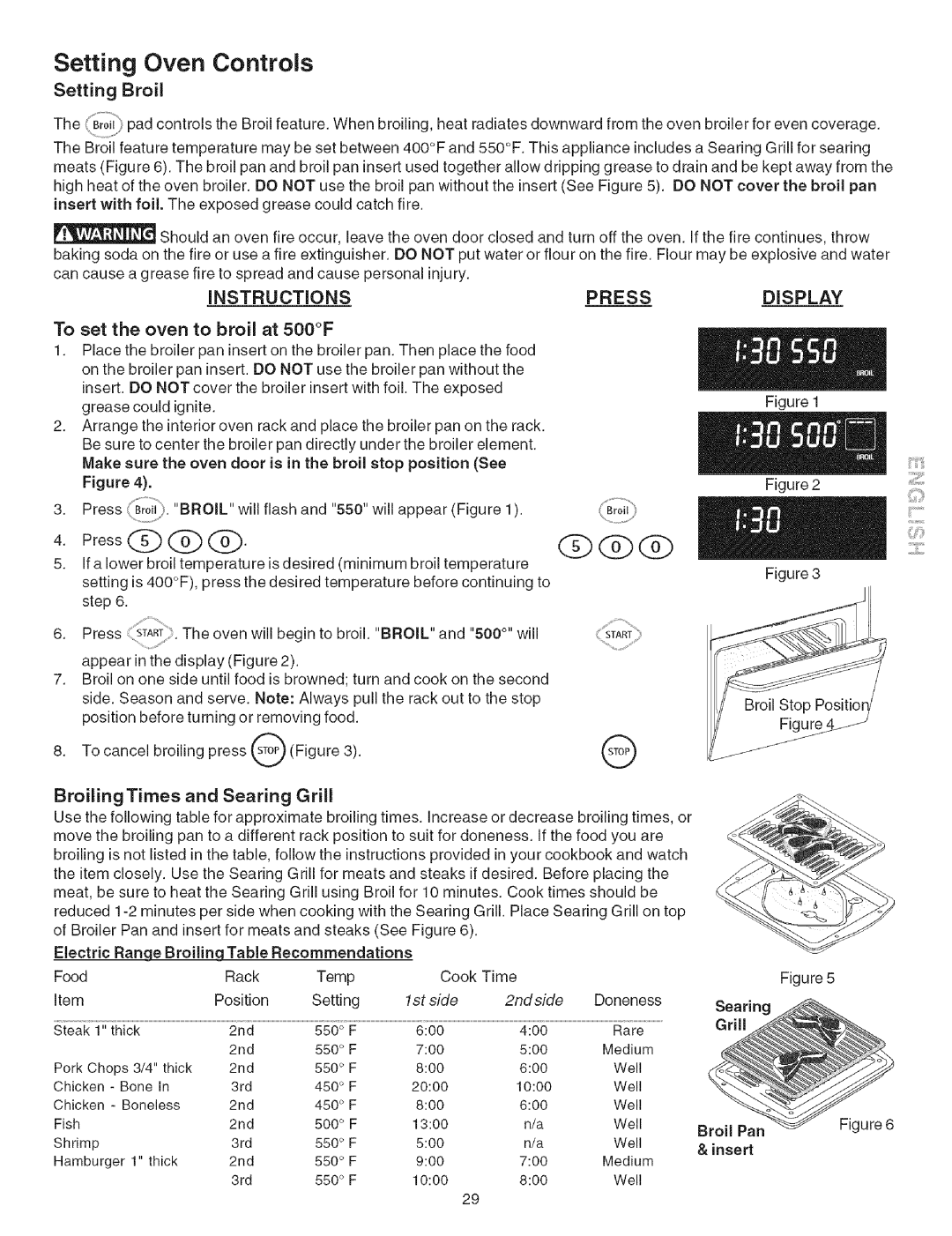 Kenmore 790.467 manual Setting Broil, To set the oven to broil at 500F, BroilingTimes Searing Grill, Insert 