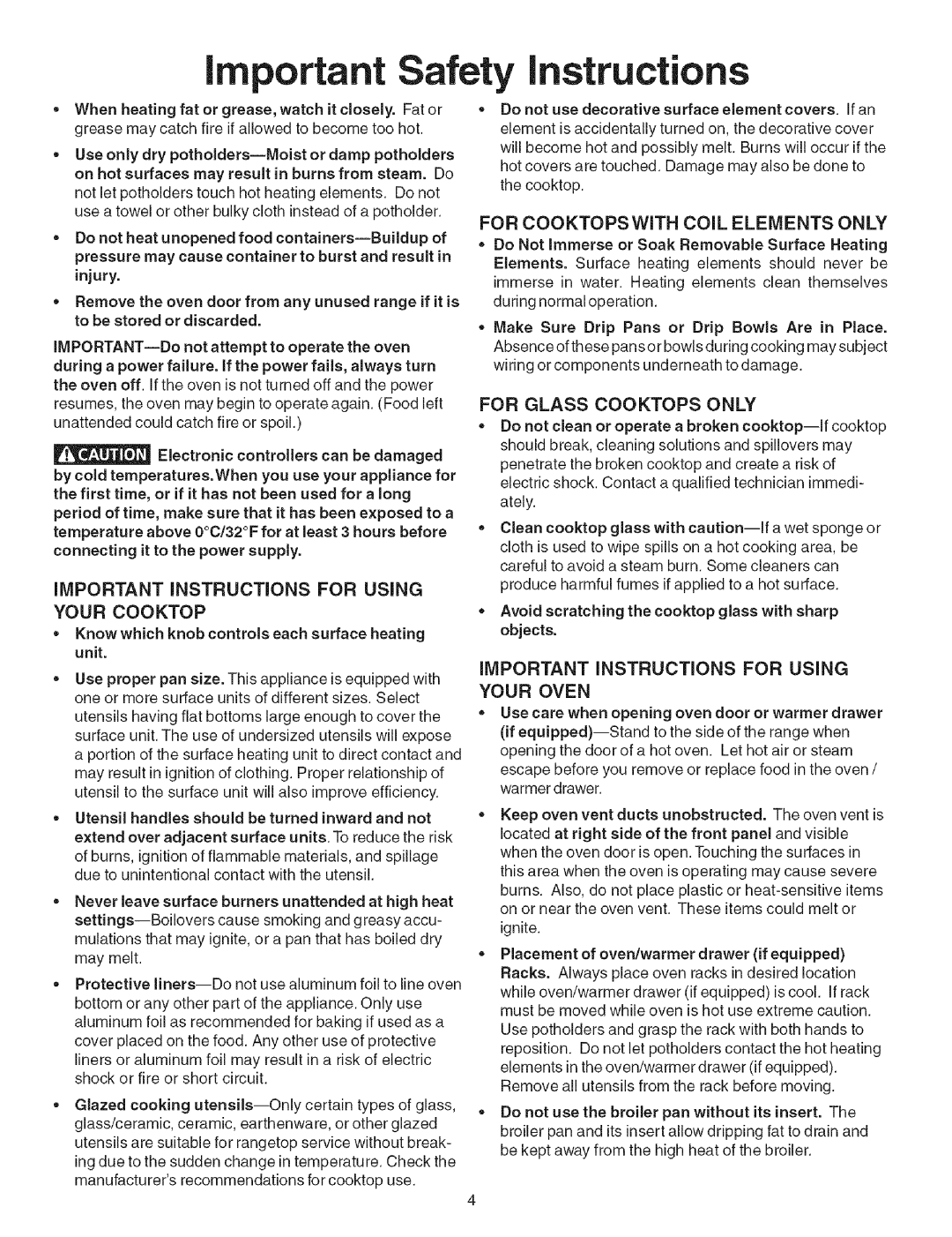 Kenmore 790.467 manual Important Instructions for Using Your Cooktop, For Glass Cooktops only, Your Oven 