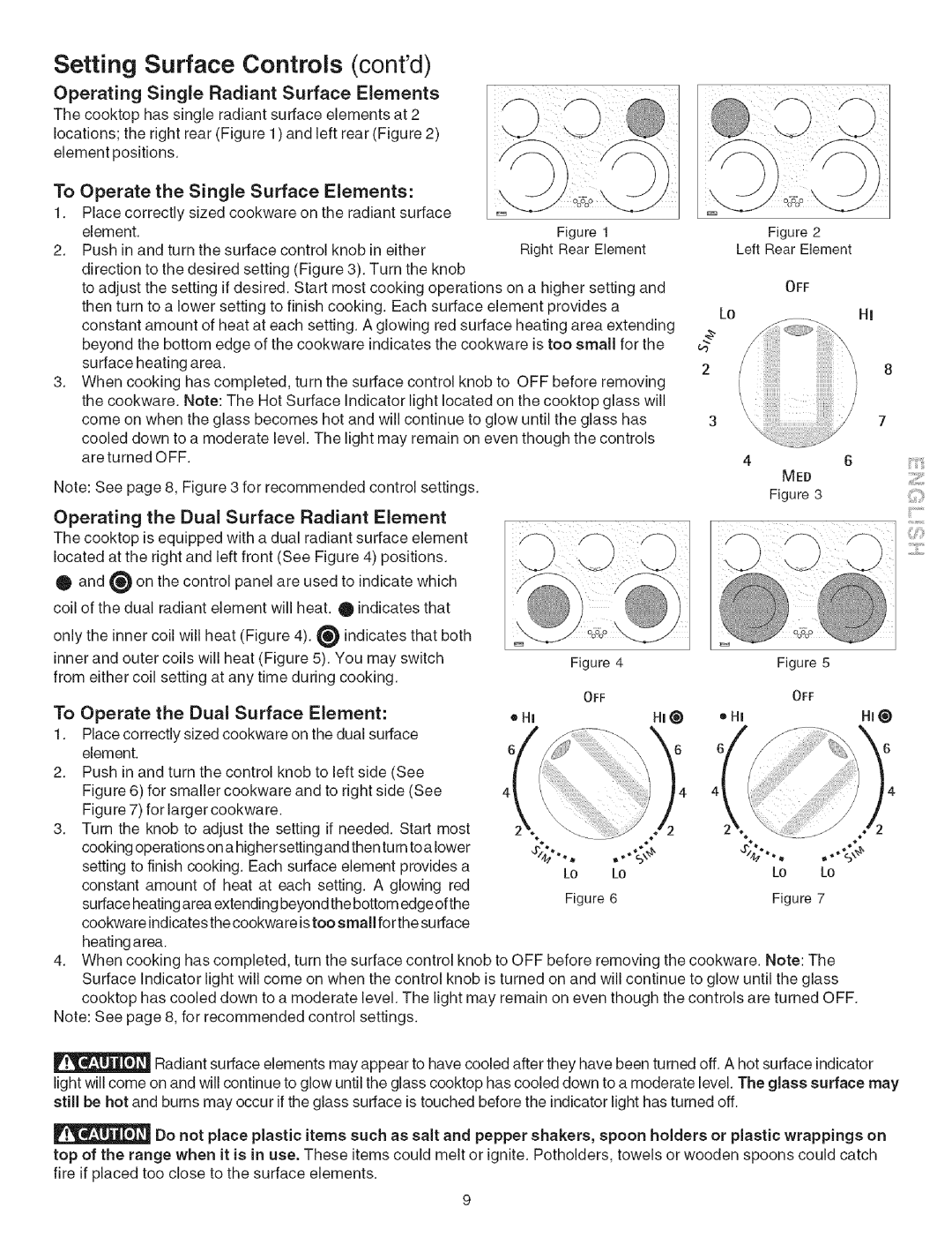 Kenmore 790.467 manual Setting Surface Controls contd, Operating Single Radiant Surface Elements, To Operate 