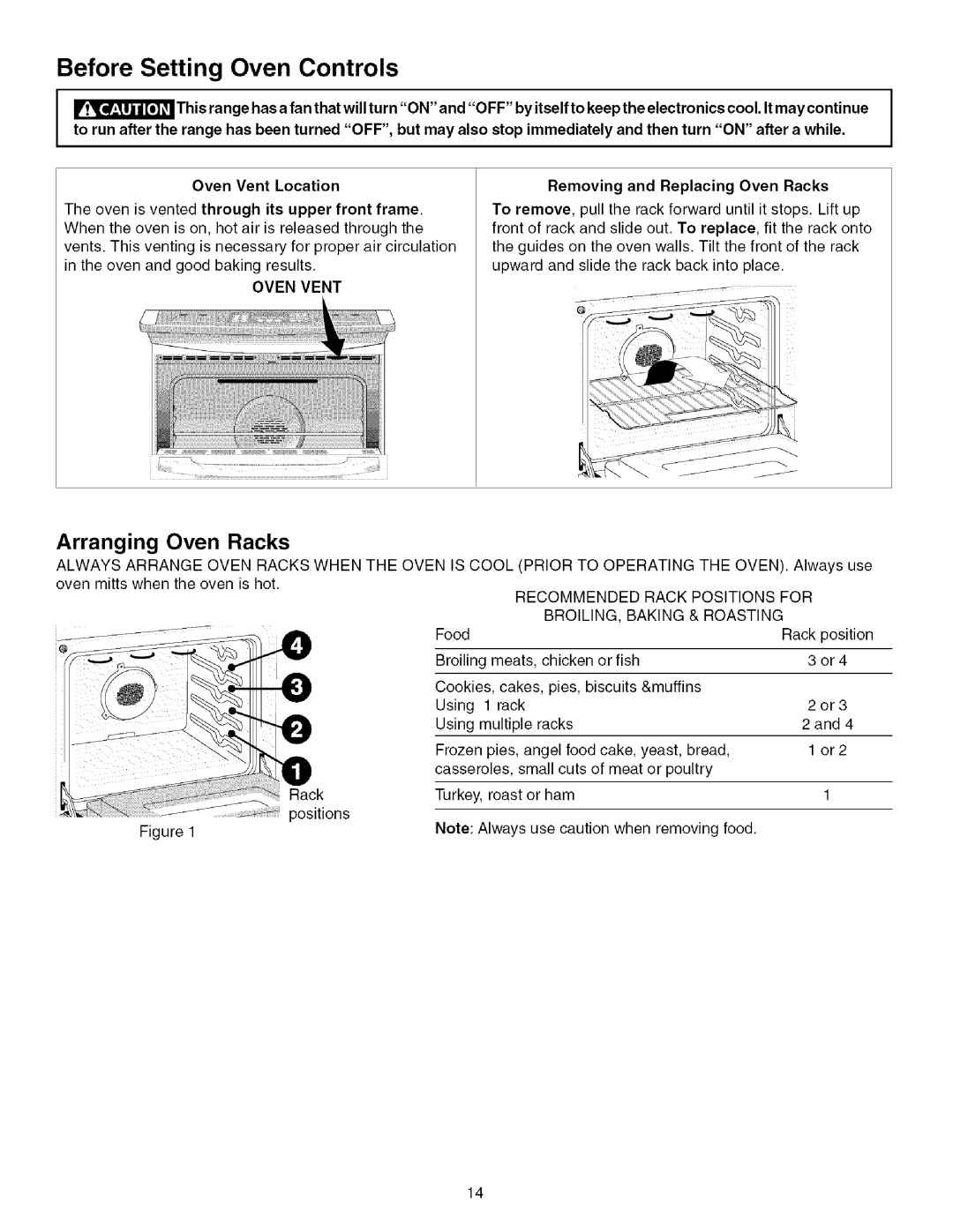 Kenmore 790.4672 Before Setting Oven Controls, Arranging Oven Racks, Oven Vent Location, Removing and Replacing Oven Racks 