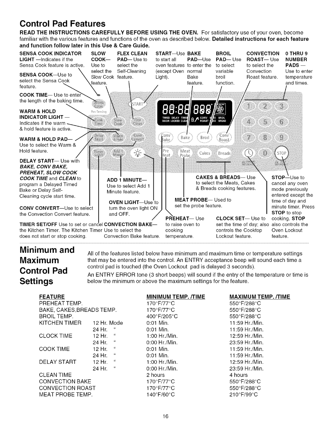 Kenmore 790.4672 manual Control Pad Features, Minimum, Settings 