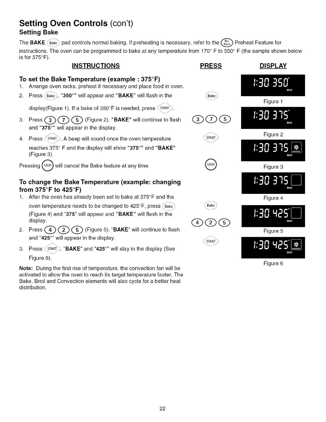 Kenmore 790.4672 Setting Bake, To set the Bake Temperature example 375F, To change the Bake Temperature, Example changing 