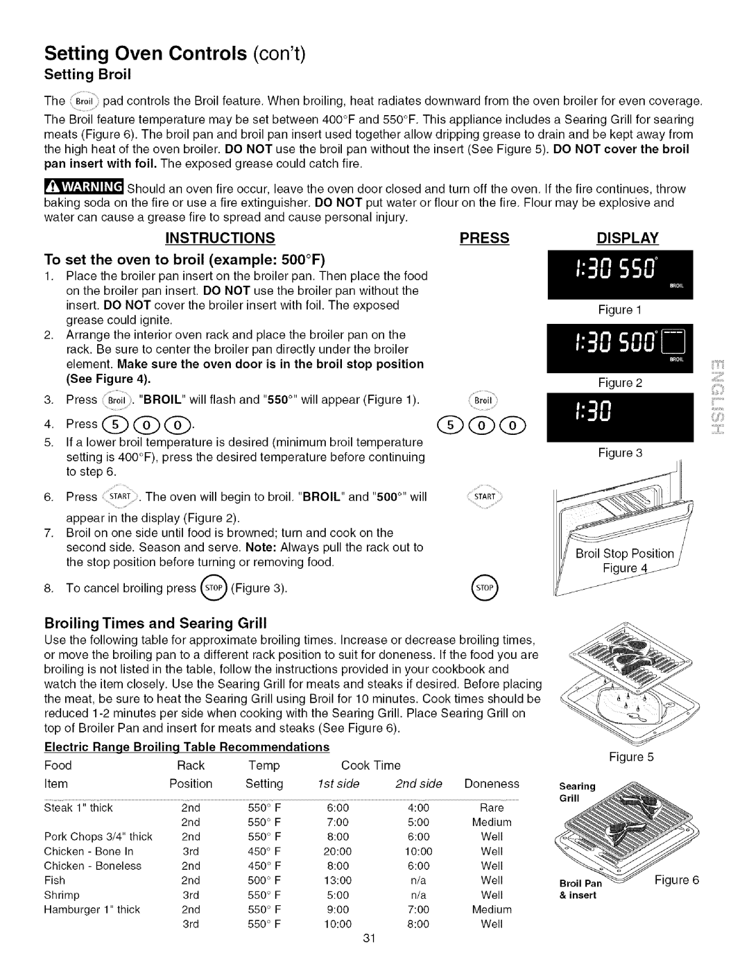 Kenmore 790.4672 manual Setting Broil, To set the oven to broil example 500F, Broiling Times and Searing Grill 