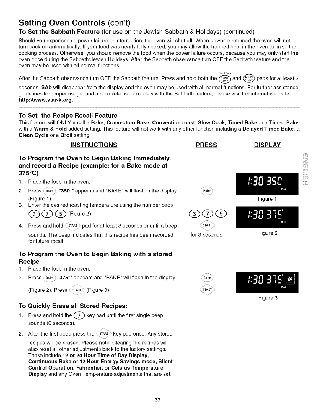 Kenmore 790.4672 manual To Program the Oven to Begin Baking with a stored Recipe, To Quickly Erase all Stored Recipes, 375C 