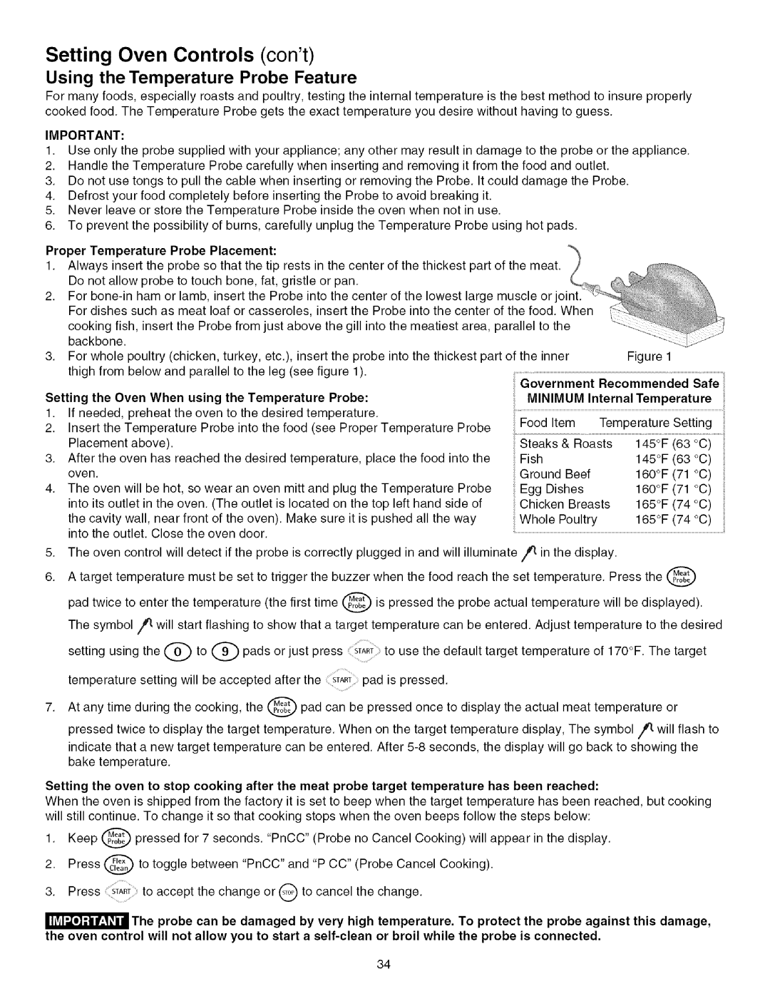 Kenmore 790.4672 Using the Temperature Probe Feature, Proper Temperature Probe Placement, Government Recommended Safe 