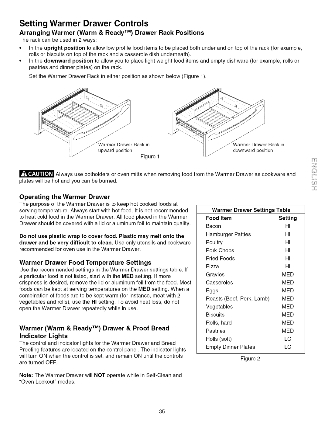 Kenmore 790.4672 manual Setting Warmer Drawer Controls, Arranging Warmer Warm & Ready TM Drawer Rack Positions 