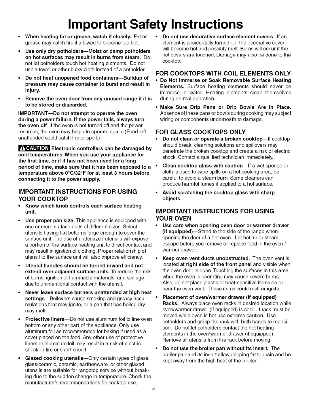 Kenmore 790.4672 manual Important Instructions for Using Your Cooktop, For Cooktops with Coil Elements only 