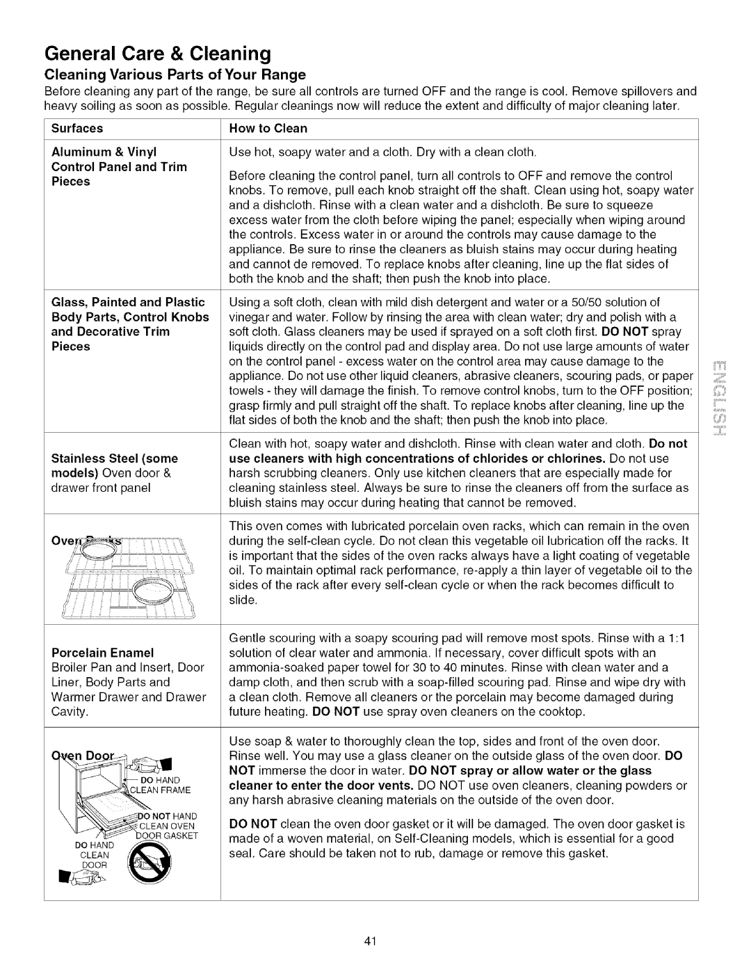 Kenmore 790.4672 manual General Care & Cleaning, Cleaning Various Parts of Your Range, Porcelain Enamel 