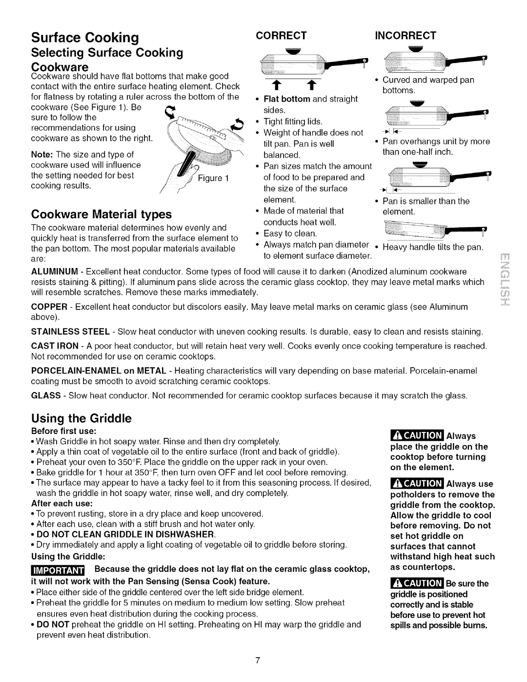 Kenmore 790.4672 Selecting Surface Cooking Cookware, Cookware Material Types, Using the Griddle, Correct Incorrect 