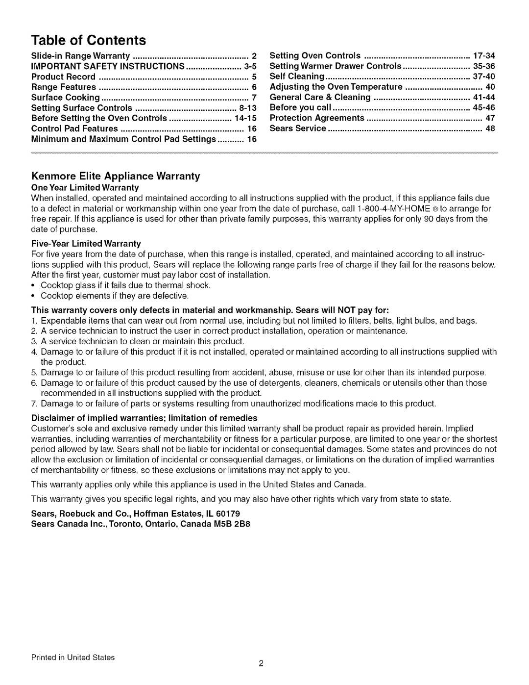 Kenmore 790.4672 of Contents, Table, Kenmore Elite Appliance Warranty, Slide-inRange Warranty, Setting, Oven Controls 