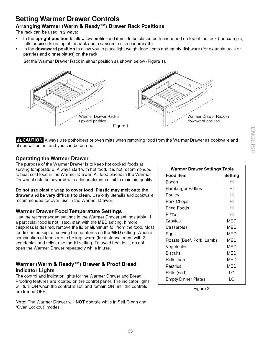 Kenmore 790.4672 Setting Warmer Drawer Controls, Operating the Warmer Drawer, Warmer Drawer Food Temperature Settings 
