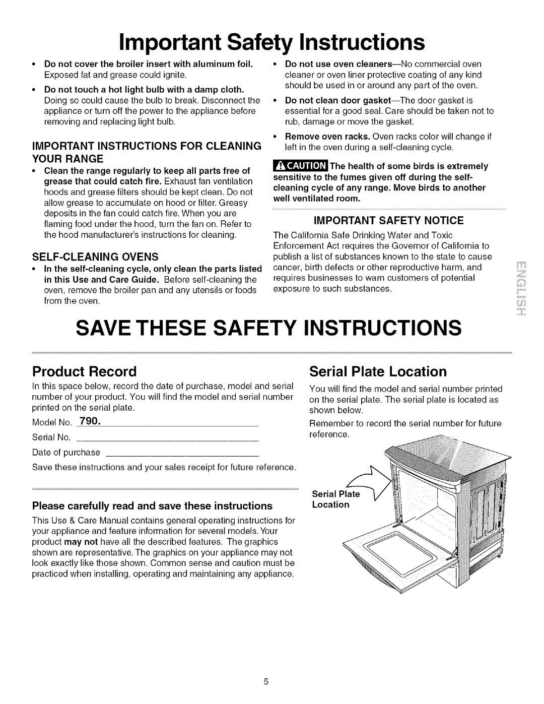 Kenmore 790.4672 manual Save These Safety, Product Record, Serial Plate Location, Important Safety Instructions 