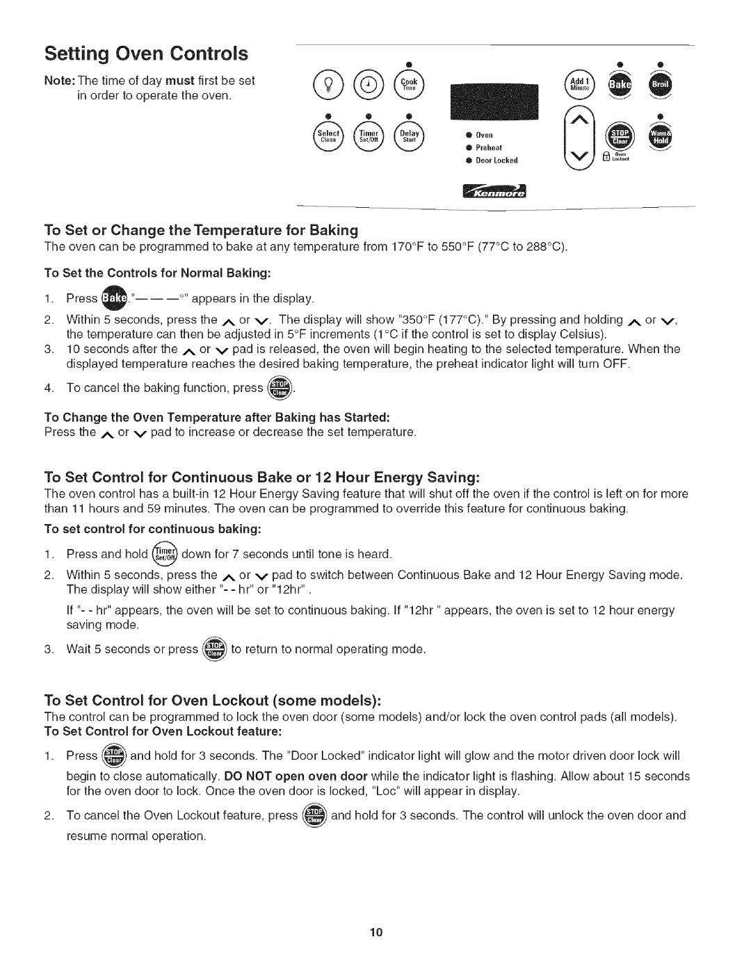 Kenmore 790.4783 To Set Control for Continuous Bake or 12 Hour Energy Saving, To Set Control for Oven Lockout some models 