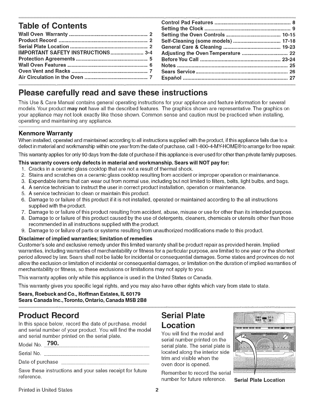 Kenmore 790.4717, 790.4778, 790.4783 Contents, Please carefully read and save these instructions, Product Record, Location 