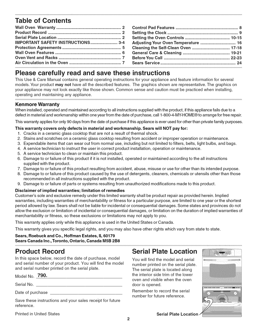 Kenmore 790.4776, 790.4787, 790.4777 Table of Contents, Please carefully read and save these instructions, Product Record 