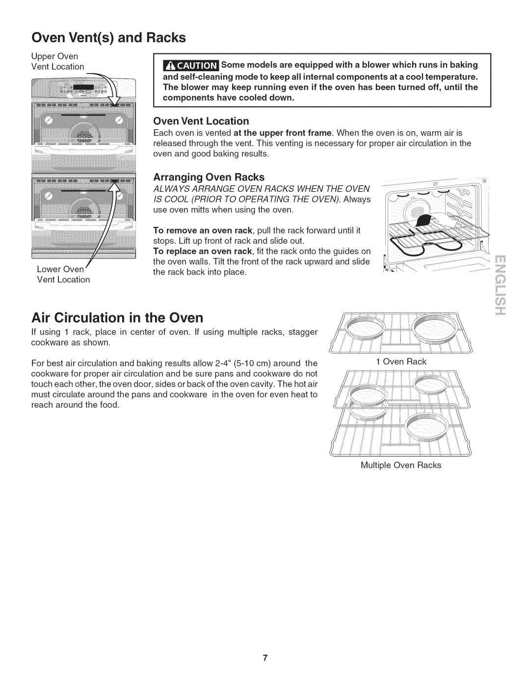 Kenmore 790.4773, 790.4787 Oven Vents and Racks, Air Circulation in the Oven, Oven Vent Location, Arranging Oven Racks 