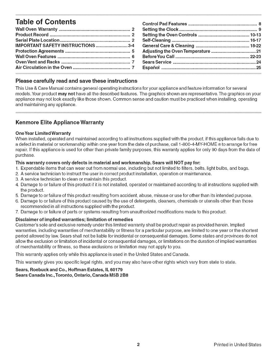 Kenmore 790.479 manual Contents 