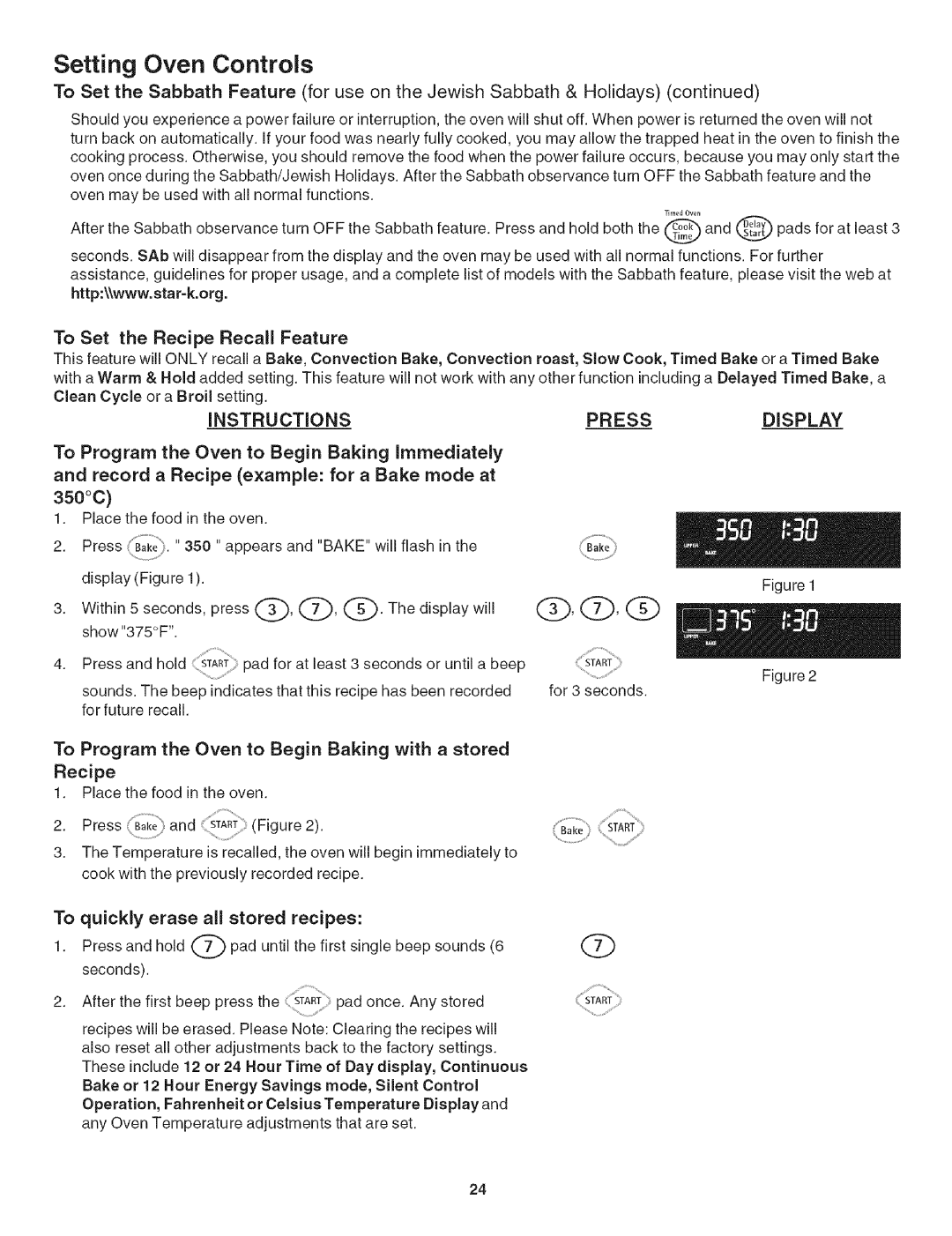 Kenmore 790.479 manual 35ooc, To Set the Recipe Recall Feature, To Program the Oven to Begin Baking with a stored 