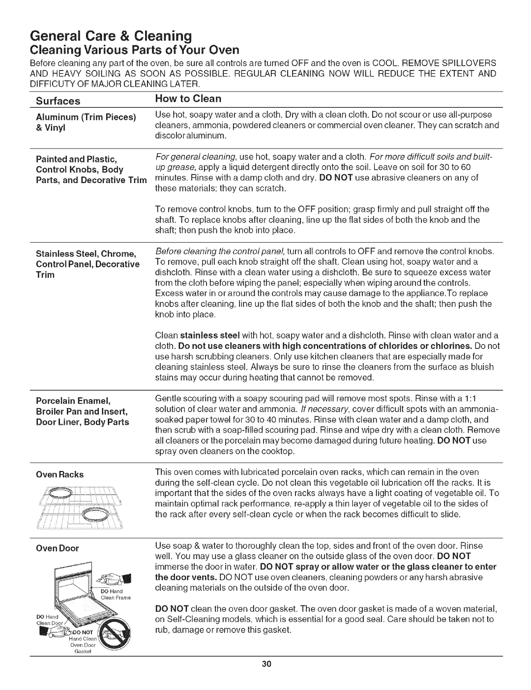 Kenmore 790.479 manual General Care & Cleaning, Cleaning Various Parts of Your Oven 