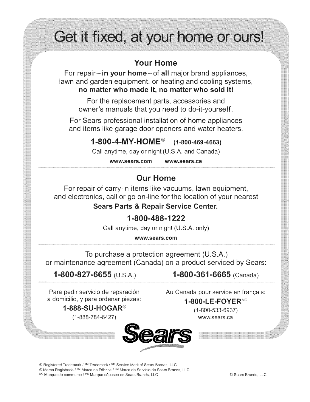 Kenmore 790.479 manual Your Home, Our Home, Sears Parts & Repair Service Center 