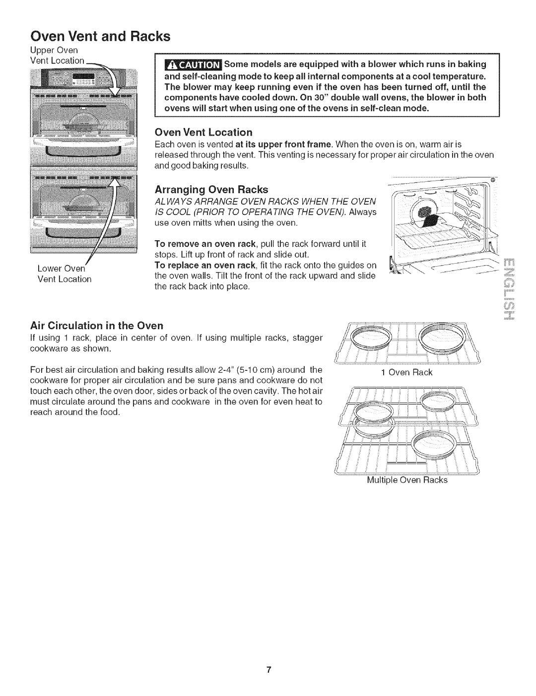 Kenmore 790.479 manual Oven Vent and Racks, Arranging Oven Racks, Air Circulation in the Oven 