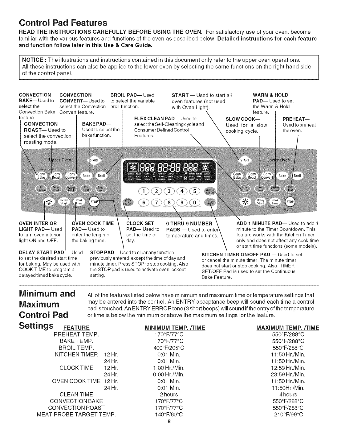 Kenmore 790.479 manual Control Pad Features, Minimum Maximum 