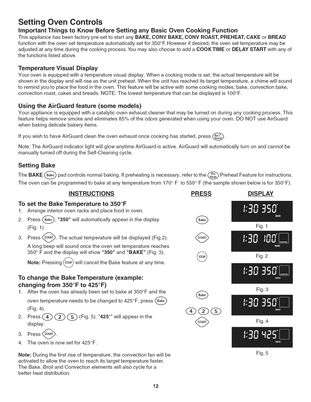 Kenmore 790.4803 Setting Oven Controls, Temperature Visual Display, Using the AirGuard feature some models, Setting Bake 