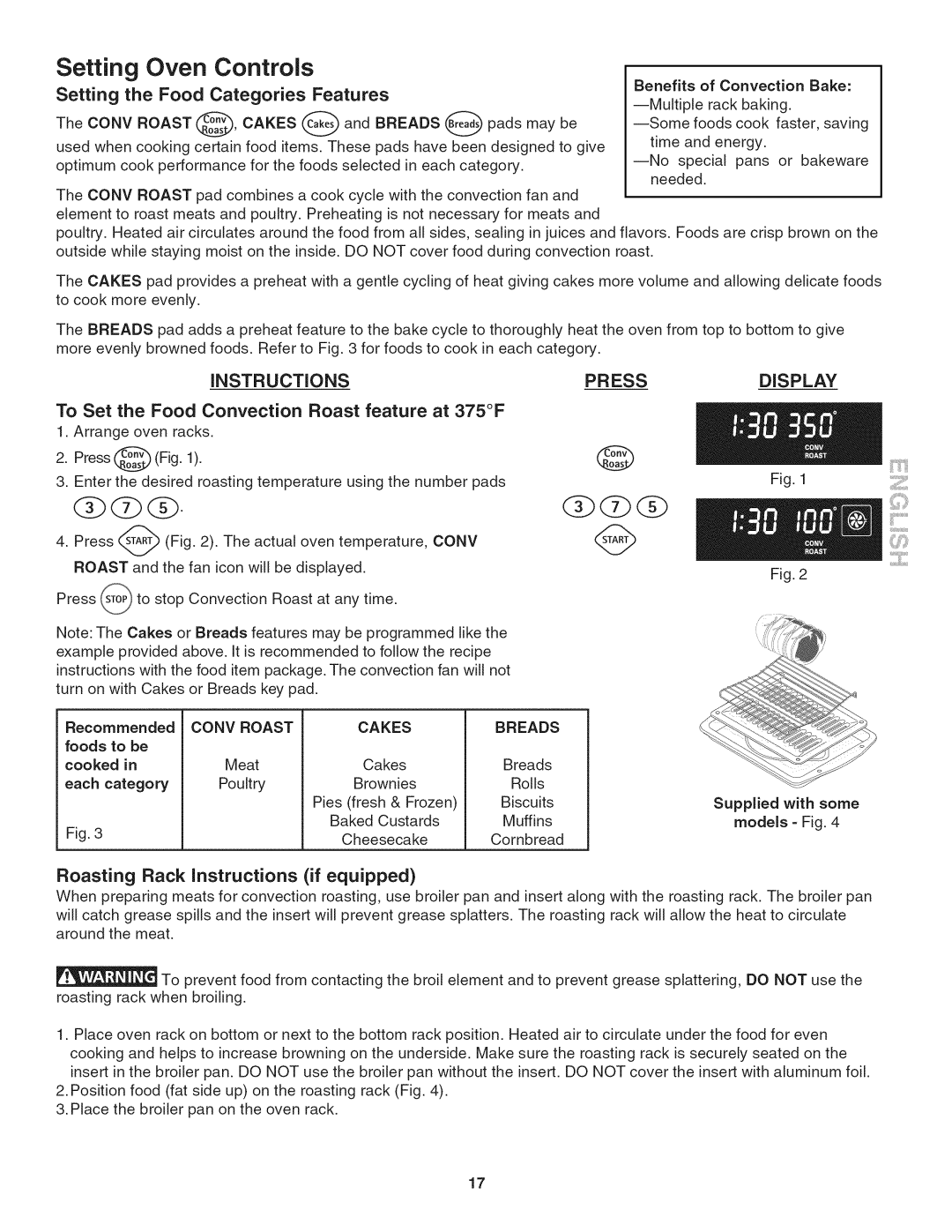 Kenmore 790.4804, 790.4803, 790.4802 Setting the Food Categories Features, To Set the Food Convection Roast feature at 375F 