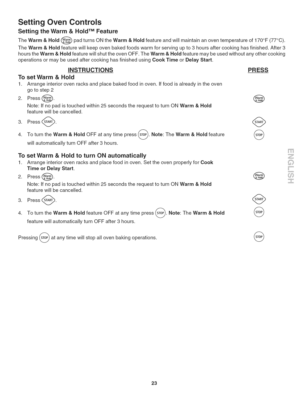 Kenmore 790.4804, 790.4803, 790.4802 Setting the Warm & Hold TM Feature, To set Warm & Hold to turn on automatically 