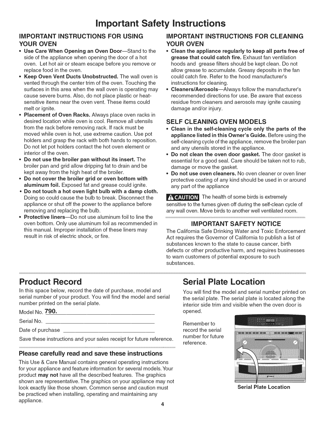 Kenmore 790.4802, 790.4803, 790.4804 manual Product Record, Serial Plate Location, IMPORTANT iNSTRUCTiONS for Using Your Oven 