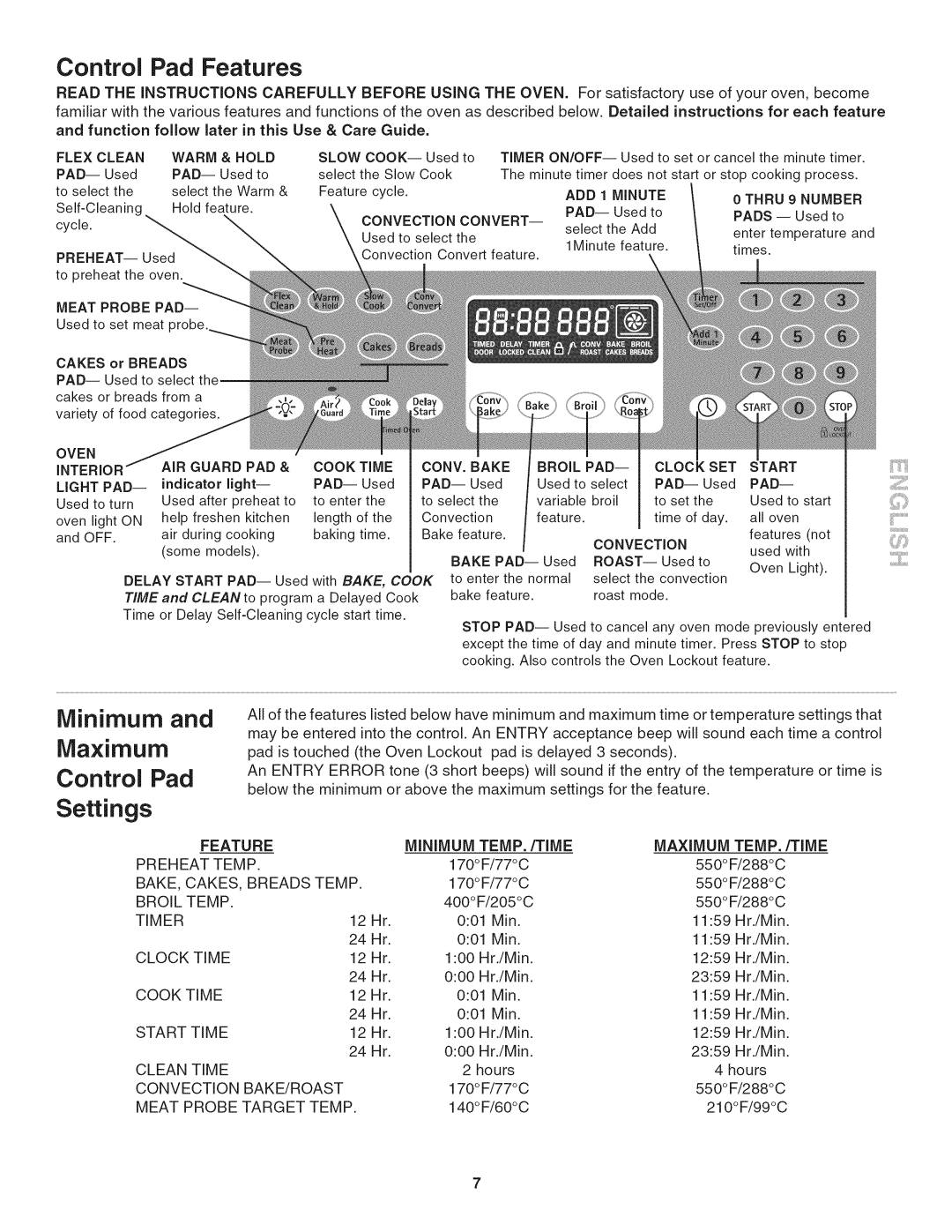 Kenmore 790.4802, 790.4803, 790.4804 manual Control Pad Features, Minimum Maximum, Settings, MiNiMUM TEMP./TIME 