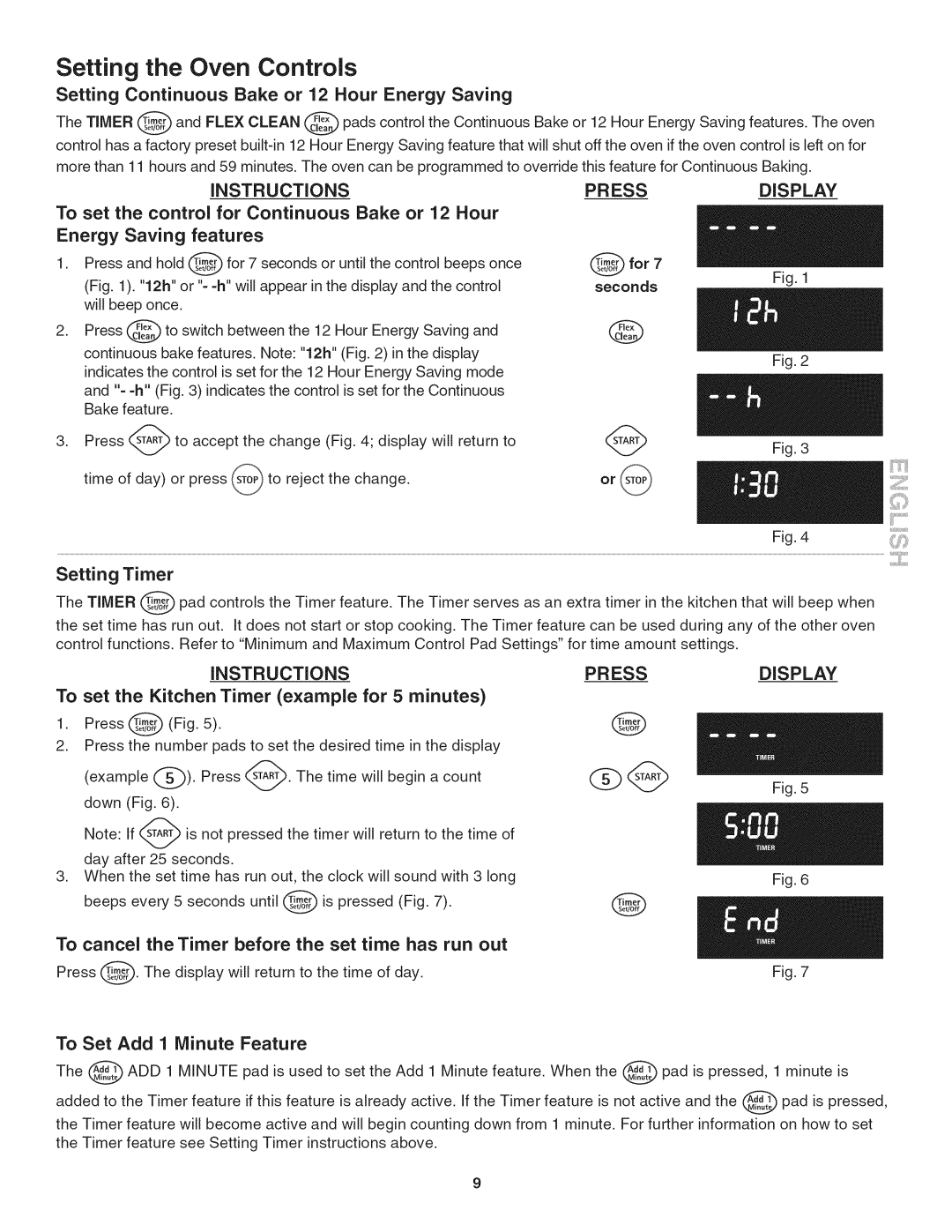 Kenmore 790.4803 Setting Oven Controls, Setting Continuous Bake or 12 Hour Energy Saving, INSTRUCTiONS, Press Display 