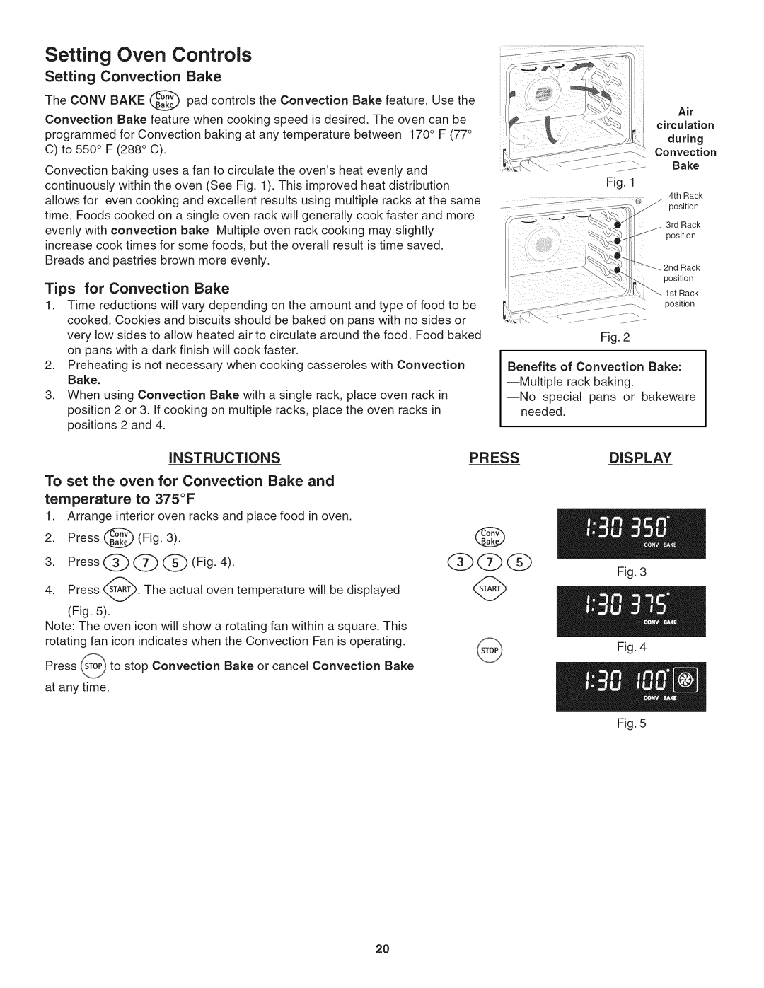 Kenmore 790.4804 Press _, Setting Oven Controls, Fig41, Setting Convection Bake, Tips for Convection Bake, Instructions 