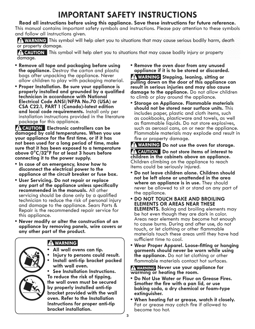 Kenmore 790.4809 Instructions, Injury, Electrical Code ANSi/NFPA No.70 USA or, User Servicing. Do not repair or replace 