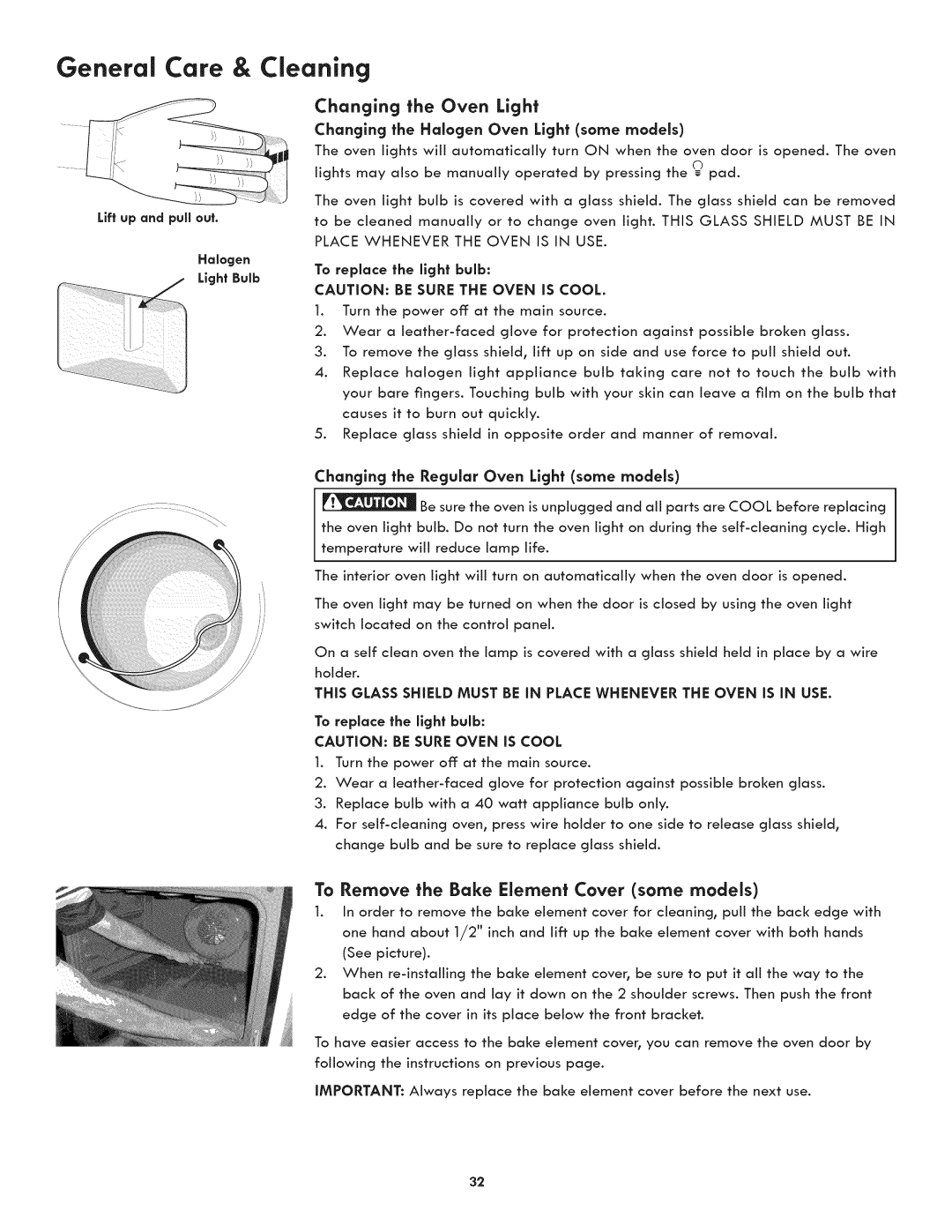 Kenmore 790.4808, 790.4809 Changing the Oven Light, Changing the Halogen Oven Light same models, To replace the light bulb 