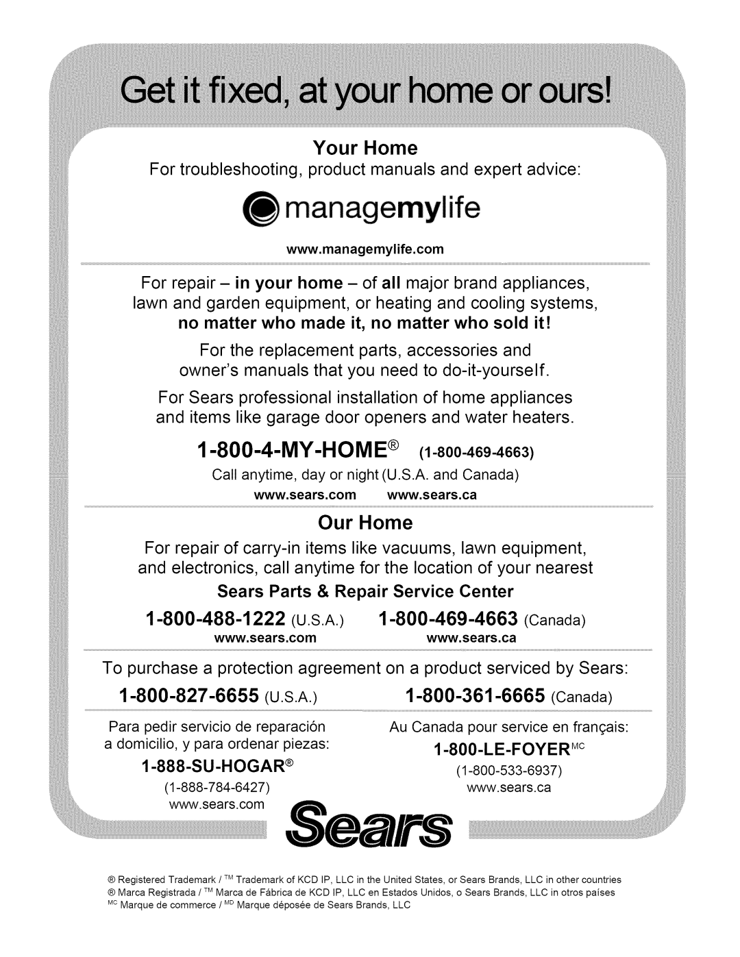 Kenmore 790.4809, 790.4807, 790.4808 manual Your Home, Our Home, Www,sears,com www,sears,ca 