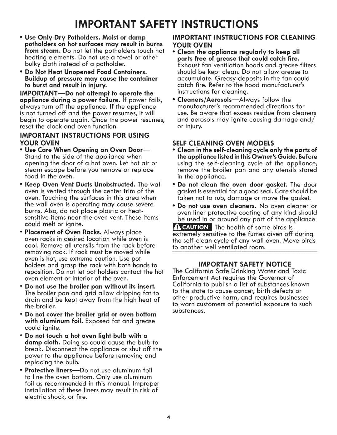 Kenmore 790.4807 manual Instructions for cleaning, Your Oven, Use Care When Opening an Oven Door, Self Cleaning Oven Models 