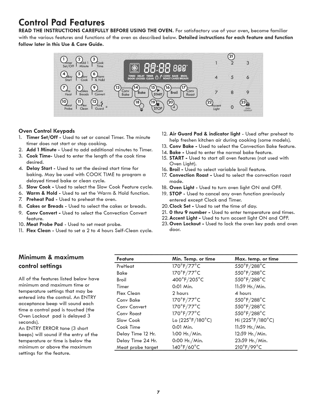 Kenmore 790.4807, 790.4809, 790.4808 manual Control Pad Features, Oven Control Keypads, 550F/288C 