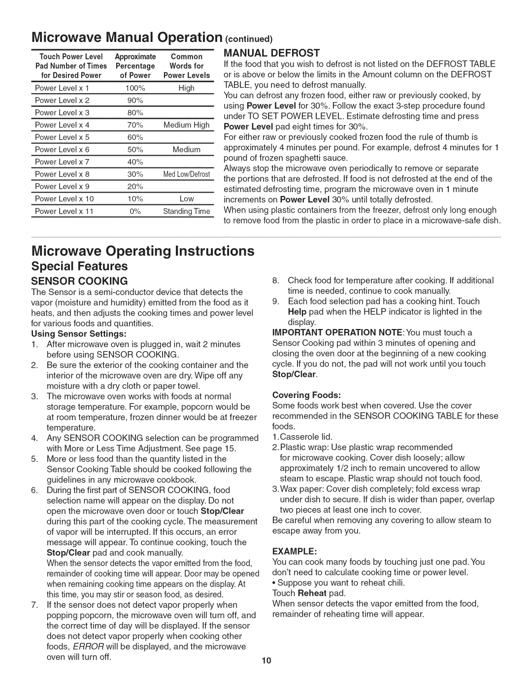 Kenmore 790.4884, 790.4885 Microwave Manual Operation, Microwave Operating Instructions, Manual Defrost, Sensor Cooking 