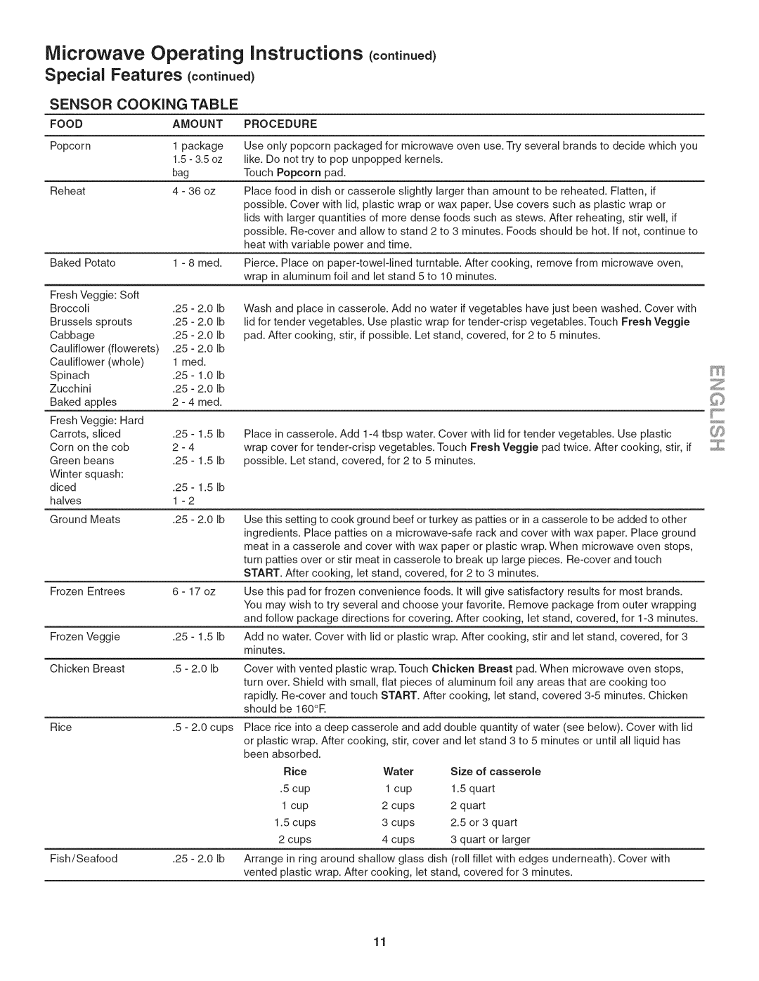 Kenmore 790.4885, 790.4884 manual Microwave Operating instructions co,,t ,,ued, Special Features, Sensor, Cooking Table 