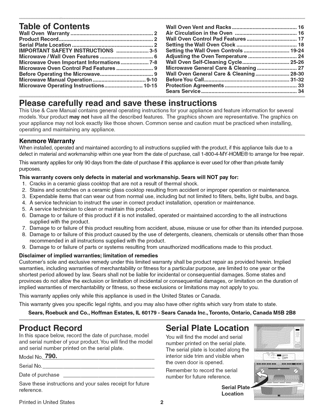 Kenmore 790.4884, 790.4885 manual Table of Contents, Please carefully read and save these instructions 