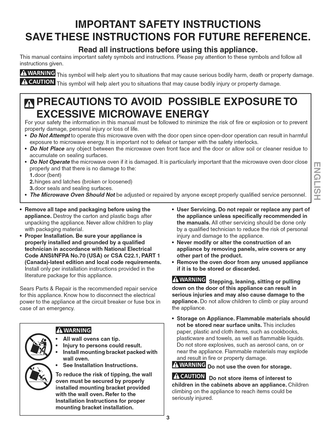 Kenmore 790.4885, 790.4884 manual Read all instructions before using this appliance, Installed mounting bracket provided 