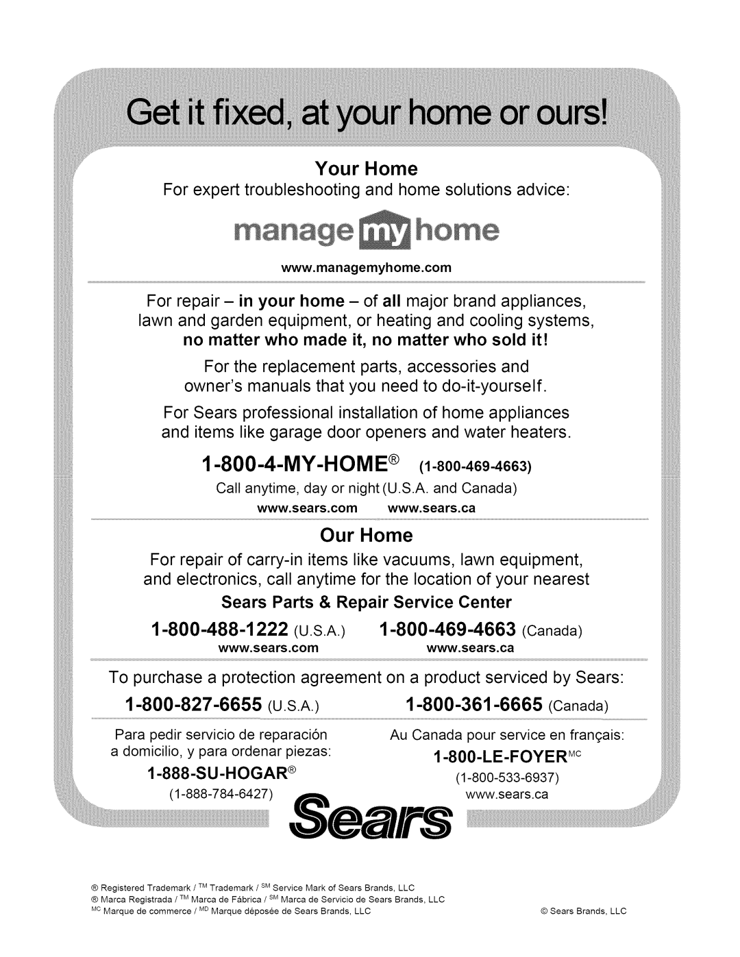 Kenmore 790.4884, 790.4885 manual Your Home, Our Home, Call anytime, day or night U.S.A. and Canada 