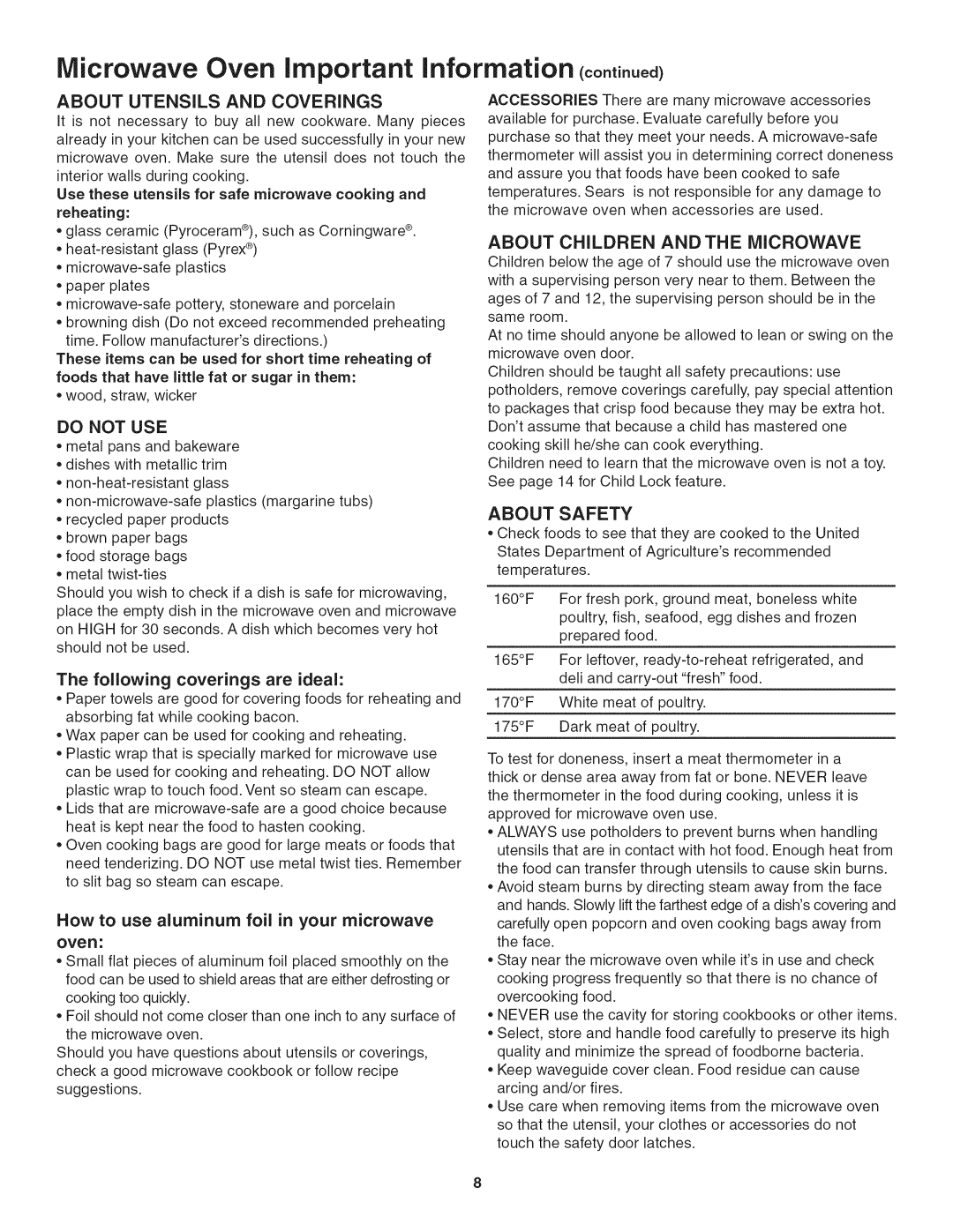 Kenmore 790.4884, 790.4885 manual About Utensils and Coverings, Do not USE, About Children and the Microwave, About Safety 