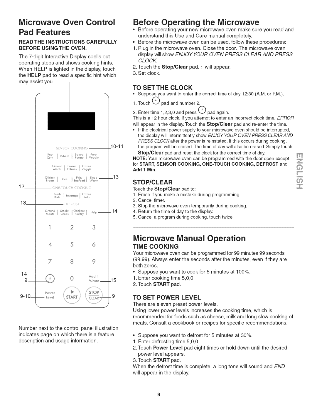 Kenmore 790.4885 manual Microwave Oven Control Pad Features, To Setthe Clock, Stop/Clear, Time Cooking, To SET Power Level 