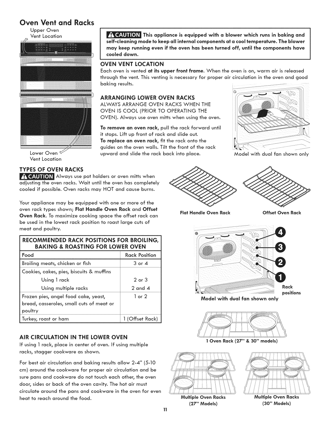 Kenmore 790.488, 790.489 manual Oven Vent and Racks, Vent Location, Types of Oven Racks, AIR Circulation in the Lower Oven 