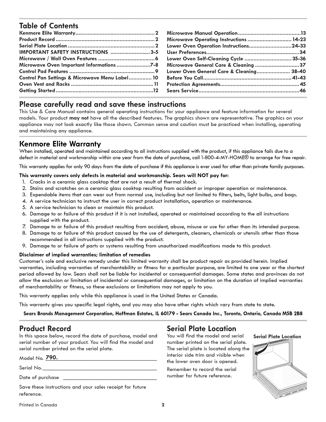 Kenmore 790.489 Contents, Please carefully read and save these instructions, Kenmore Elite Warranty, Serial Plate Location 