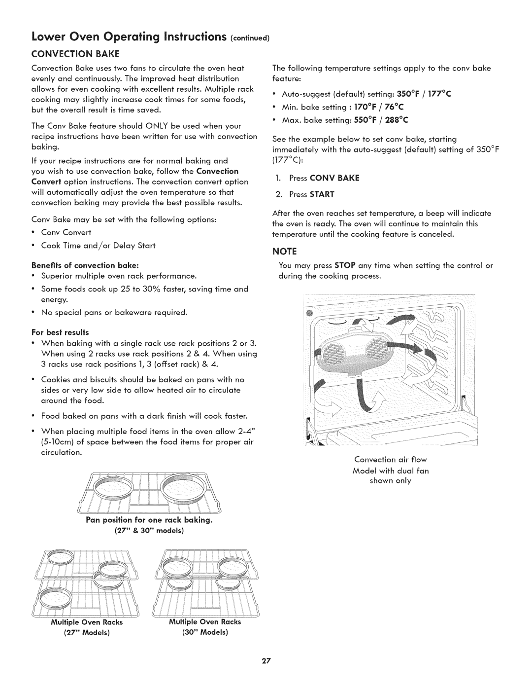 Kenmore 790.488, 790.489 manual Convection Bake, Pan position for one rack baking, Multiple Oven Racks Models 