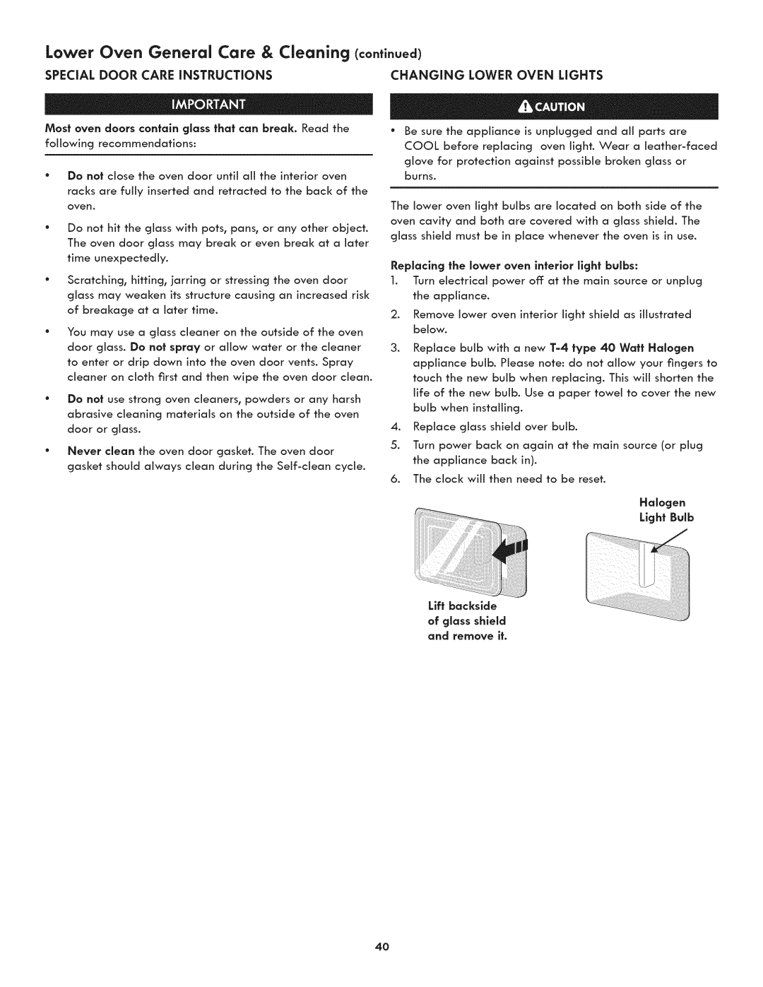 Kenmore 790.489, 790.488 manual Changing Lower Oven Lights, Special Door Care iNSTRUCTiONS, Halogen Light Bulb, Glass shield 