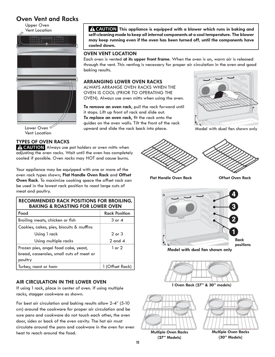 Kenmore 790.488 Oven Vent Location, Arranging Lower Oven Racks, Types of Oven Racks, Baking & Roasting for Lower Oven 